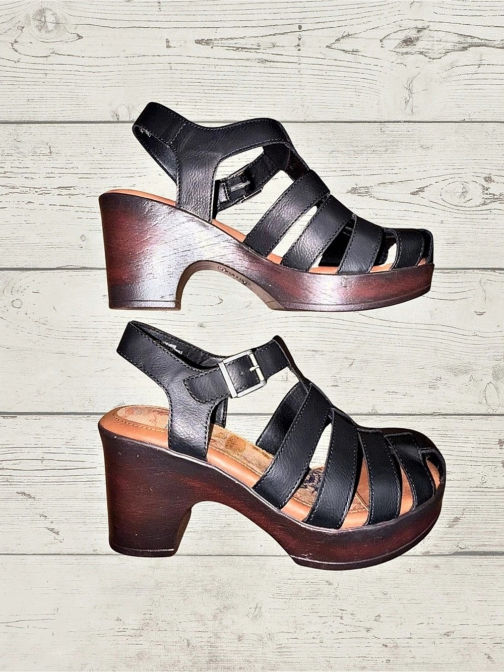 Born b.o.c Capri Platform Sandals Sz 9 Black Chunky Wood Heel Cage Strappy